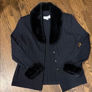 St. John Black Cable Knit Jacket with Faux Fur Trim